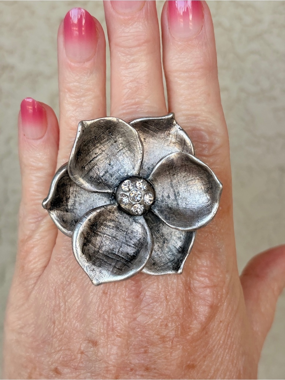 Large Silver Floral Statement Ring with Crystal Center
